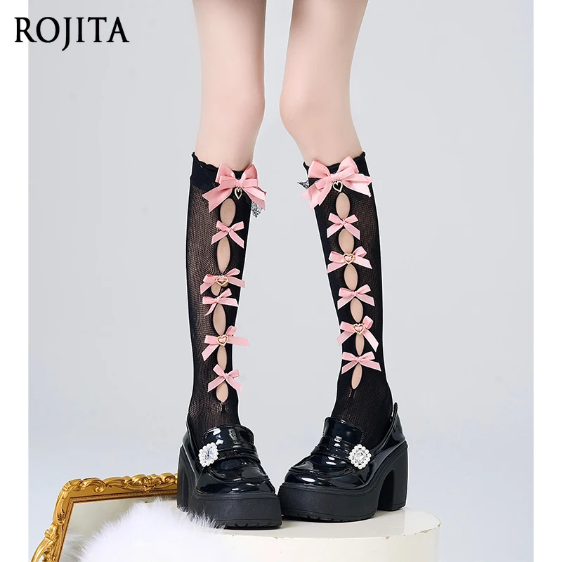 

Женские носки выше колена в японском стиле с полым бантом, массово-розовые субкультуры, черные, розовые, до середины икры, чулки в стиле Лолиты для девочек