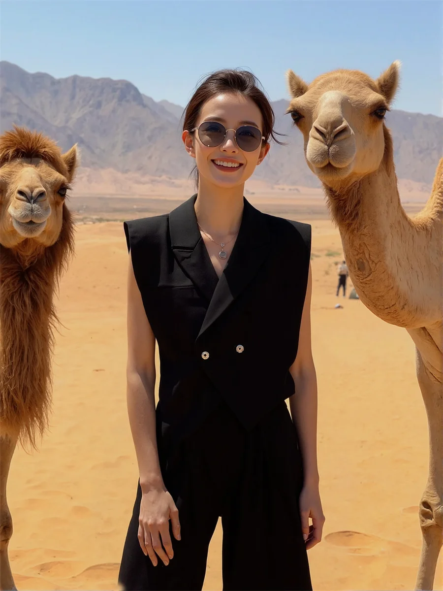 صدريات نسائية سترات نمط المال القديم قمة الخريف الأسود شيك الكورية خفيفة الوزن بلا أكمام زر متابعة الجبهة بسيطة الحديثة