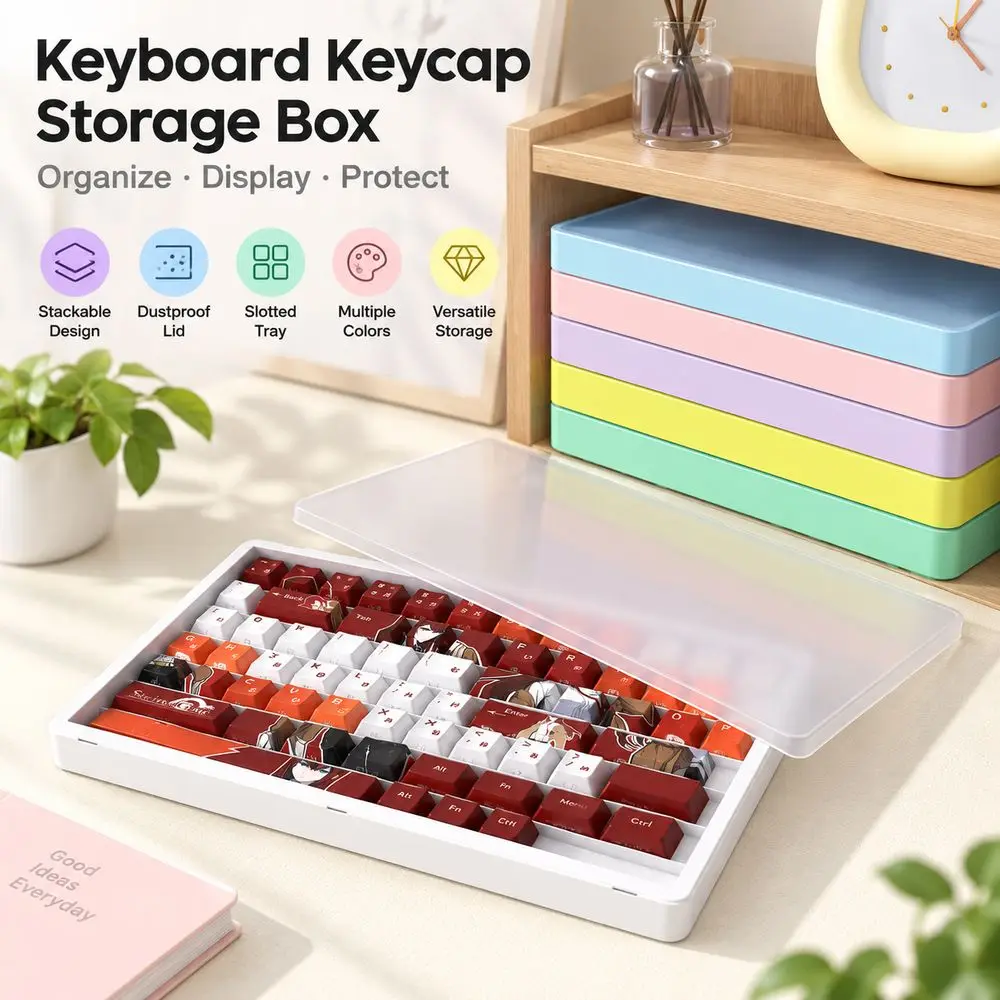 Dustproof Keycap Storage Box Transparent Lid Stackable Keycap Organizer Multicolor Options Keyboard Storage Tray