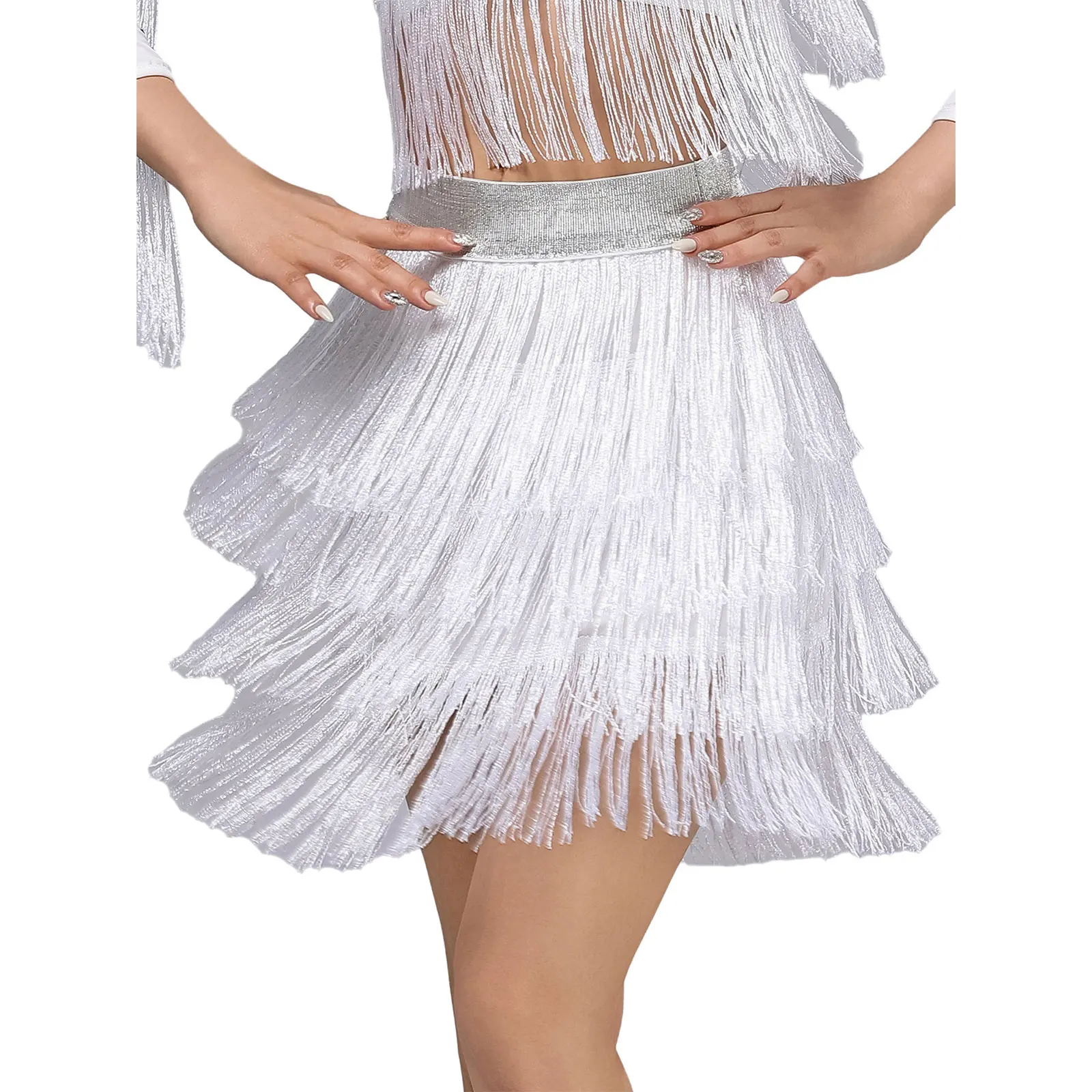 女性ラテンチャチャルンバサンバダンスパフォーマンススカート光沢のあるティアードフリンジスイングタッセルスカートタンゴラテンダンス衣装
