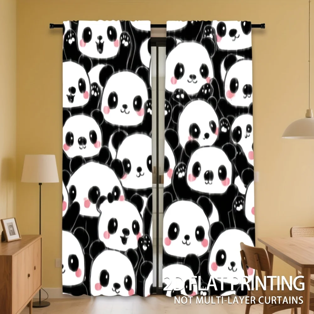 Cartoon Panda Rod Pocket Curtain Blush Cheek Panda Monochrome Soft Print Baby Bedroom Playroom Bay Window Family Home Decor