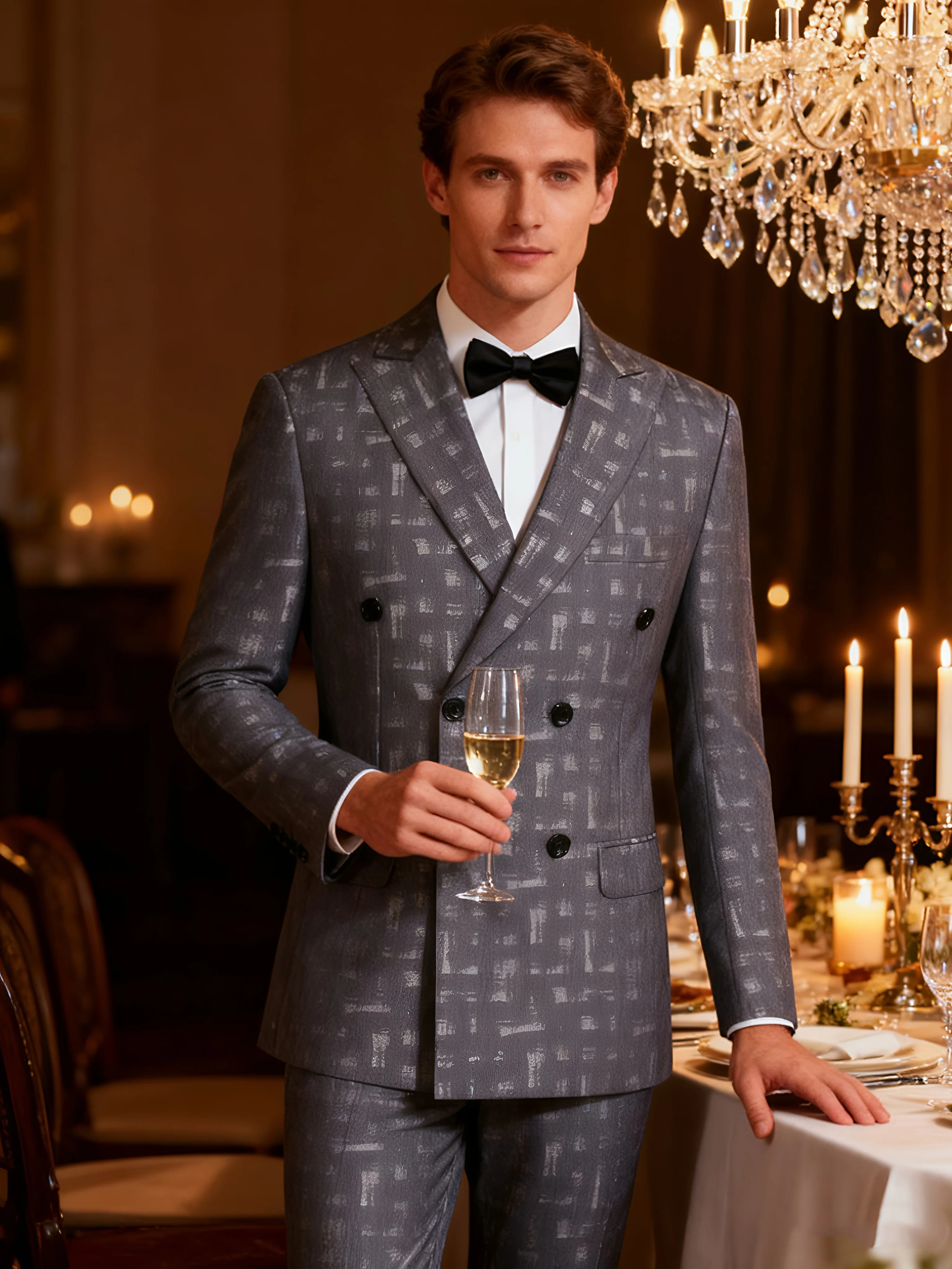 Conjunto de dos piezas de jacquard con top y pantalones para hombre, traje ajustado con doble botonadura, chaqueta, pantalones largos, informal, para boda, negocios