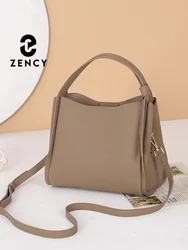 Zency Women's Simple Bucket Bag Luxury Designer Crossbody Bag Genuine Leather Top Handle Bag Black Grey Ladies Purses