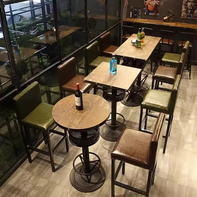 #Antique Simple Commercial Store High Storable Table and Chairs Coffee Shop Bar Whisky Cocktail Customized Leather Furniture Set