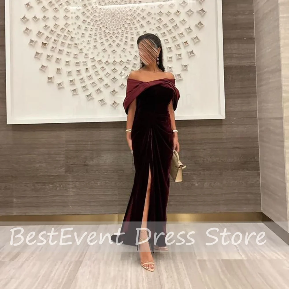 

Custom Made Burgundy Off Shoulder Modern Velet Formal Evening Dress Backless Floor Length Prom Saudi Dress with Split