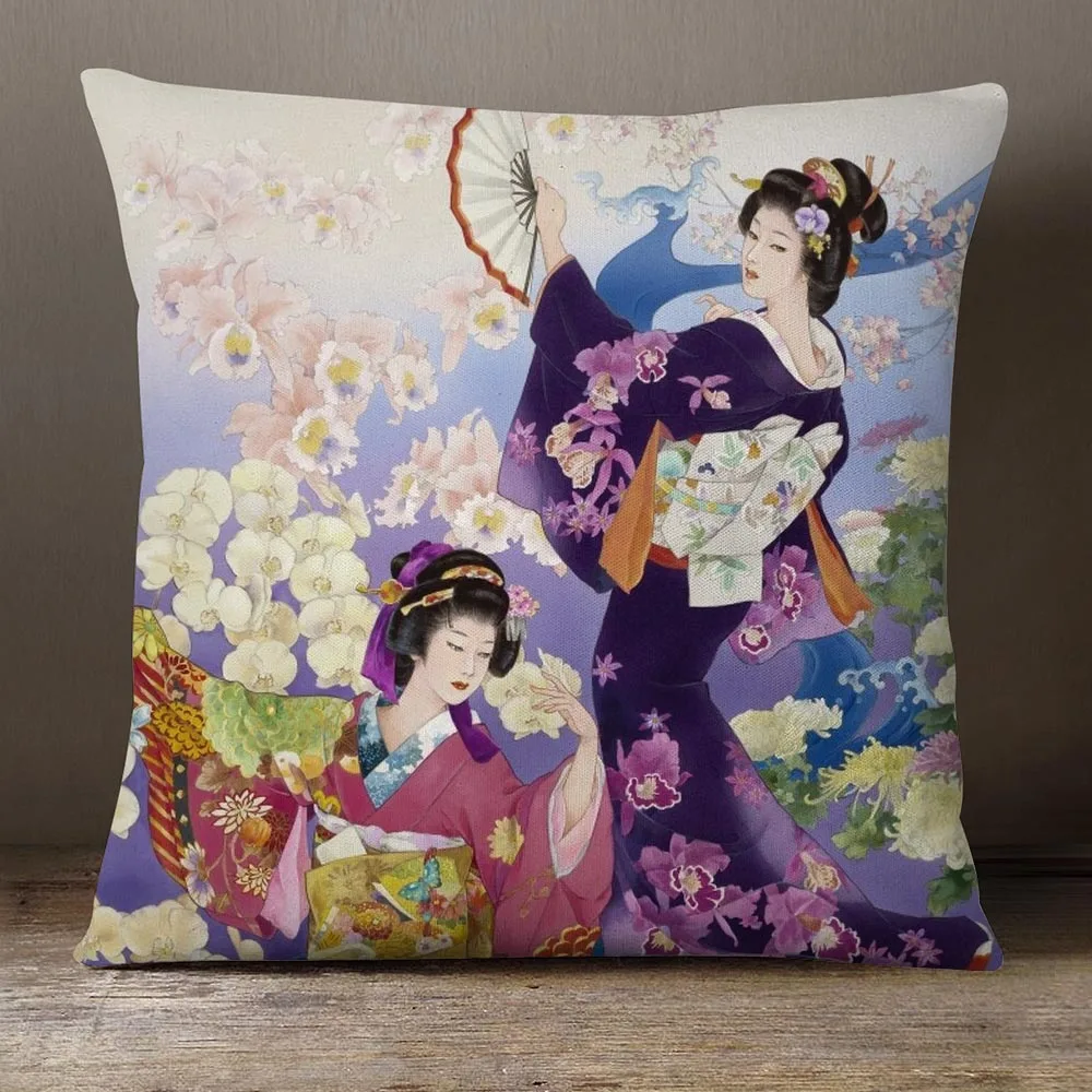 Vintage Japanese Geisha Throw Pillow Cover Ukiyo‑e Kimono Lady Sakura Floral Art Cushion Case Decorative Pillowcase For Sofa Bed