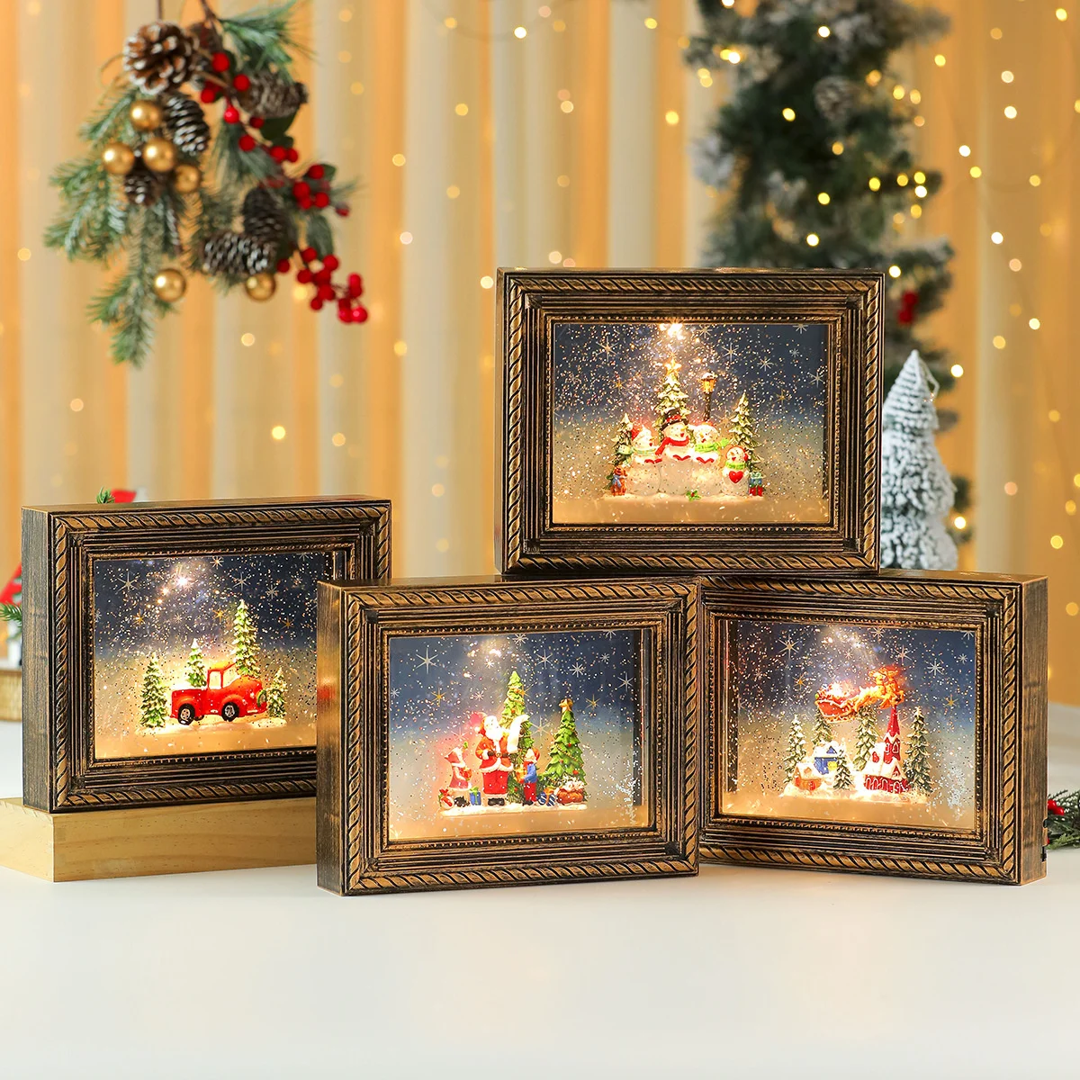 Creativity Christmas Decorations Shine Photo Frame Santa Claus Snowman Music Box Living Room Festive Atmosphere Desktop Ornament