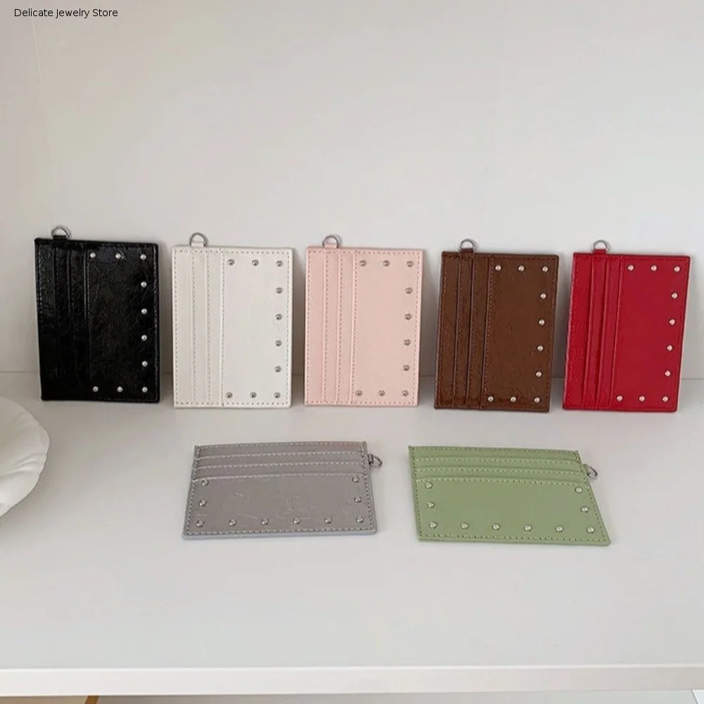 Gift Ultra Thin Cracked Leather Card Wallet Mini Size PU Rivet Card Holder Solid Color Multiple Slots Coin Purse Travel