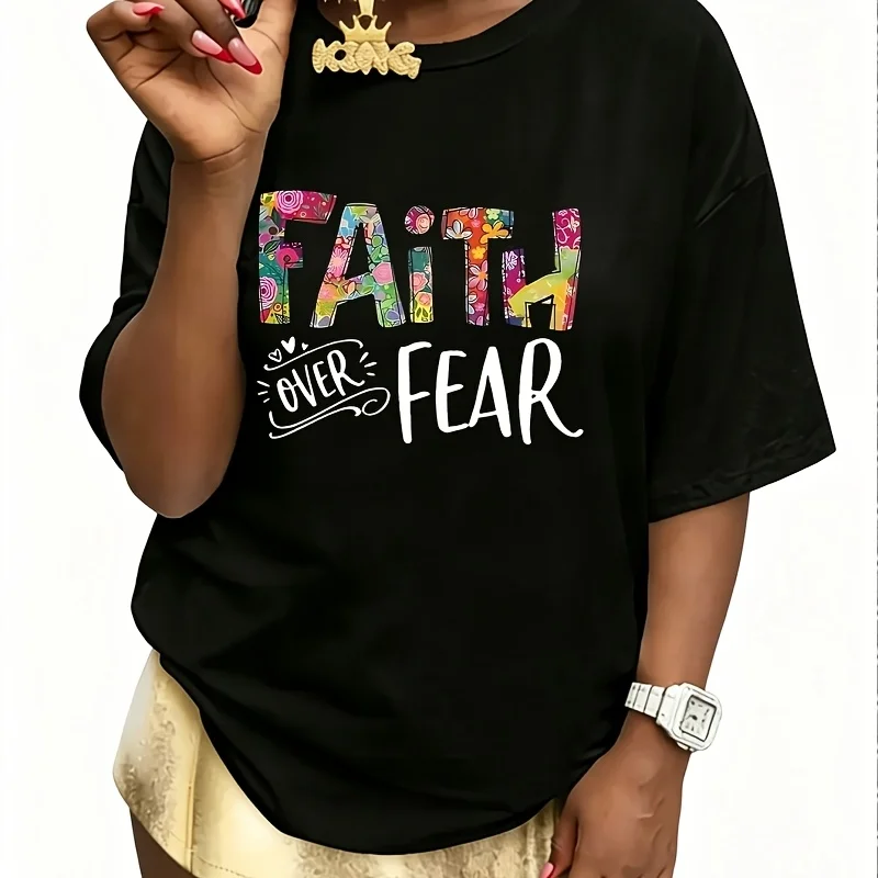 Faith over Fear Women's T-Shirt 100% Cotton Fun Print Short Sleeve Top Casual Round Neck Tee S-5Xl