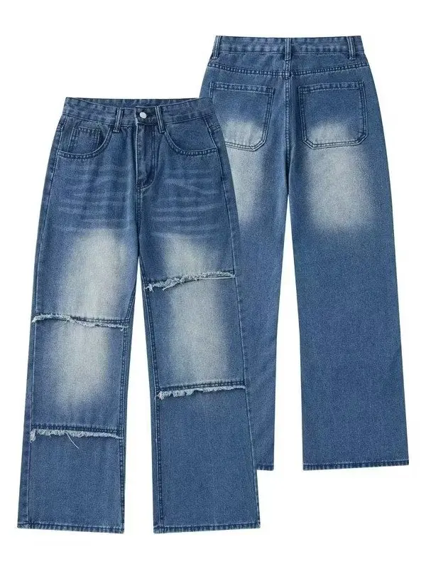 

Синие прямые джинсы свободного кроя для мужчин, средняя посадка, повседневные брюки, осенняя новинка, винтажный американский дизайн