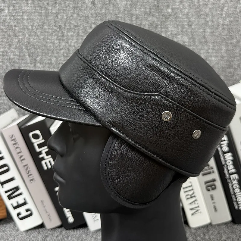 Winter New Warm Genuine Leather Caps Men's Cap Plush Thickened Sheepskin Military Hats Flat Caps Fitted Coldproof Earmuffs Hat