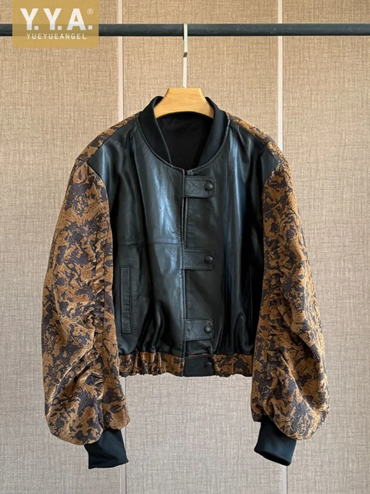 Womens New Style Real Sheepskin Patchwork Jacket O-Neck Single Breasted Office Lady Short Motorcycle Coats Fashion Outerwear