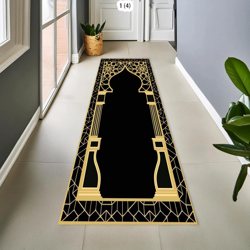 Elegant Ramadan Islamic Prayer Runner Rug Black Gold Geometric Print NonSlip Floor Mat for Muslim Worship Hallway Entryway Decor