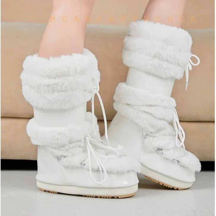 Ski boots new 2026 winter long warm thick bottom white faux fur boots waterproof and anti slip high tube snow boots for women view 6