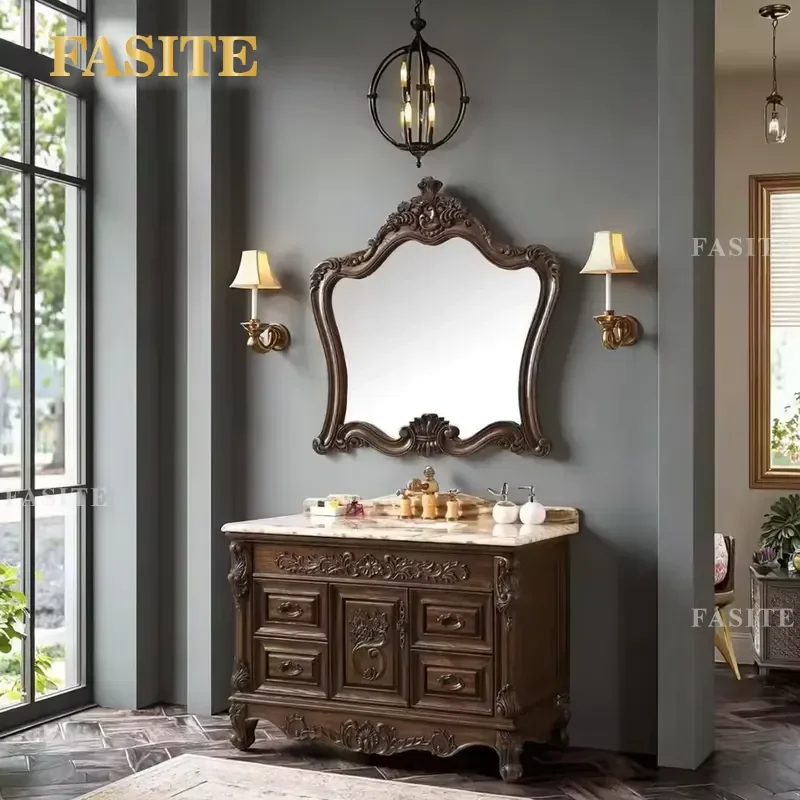 European Traditional Solid Wood Bathroom Vanity Hand Carved Classic Cabinetry Modern Design Ceramic Basin Paired Floor Mirror