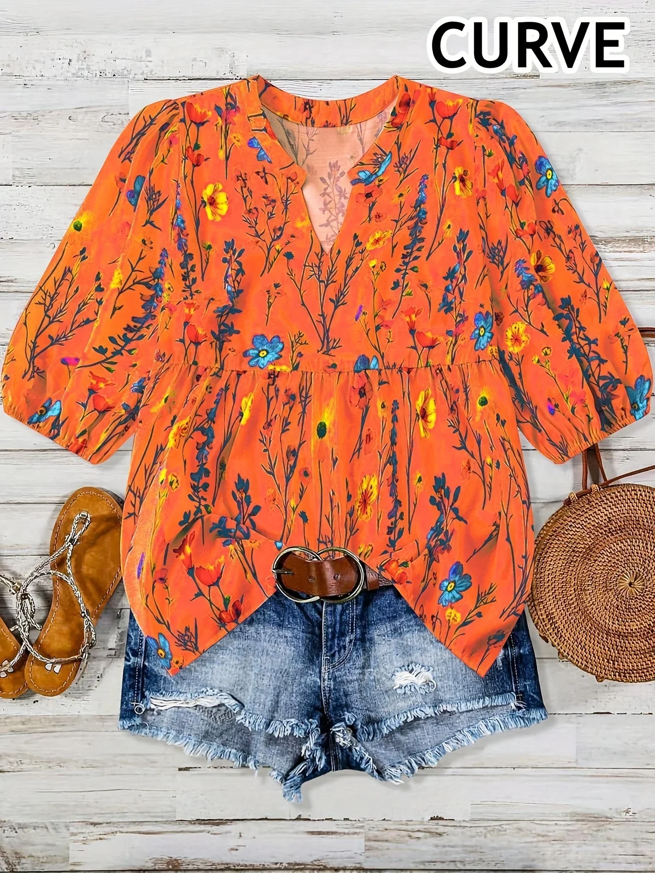 

Plus Size Summer Autumn Women's Bishop Sleeve Fashion Floral V-Neck Blouse Women Flower Print Elegant Casual Shirt