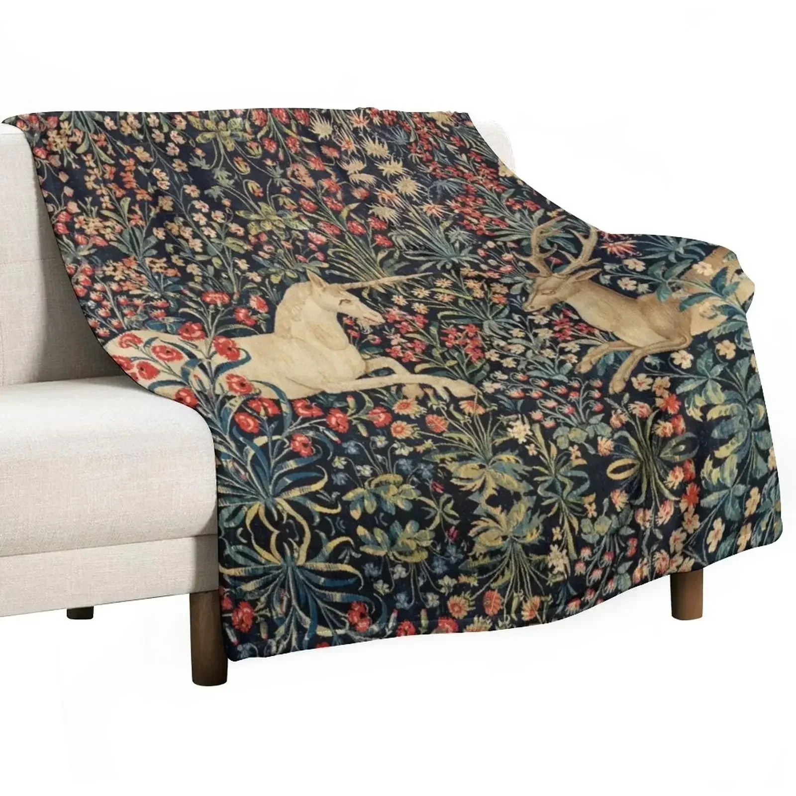 

UNICORN AND DEER AMONG FLOWERS, FOREST ANIMALS FLEMISH FLORAL Throw Blanket Thins Warm Blankets