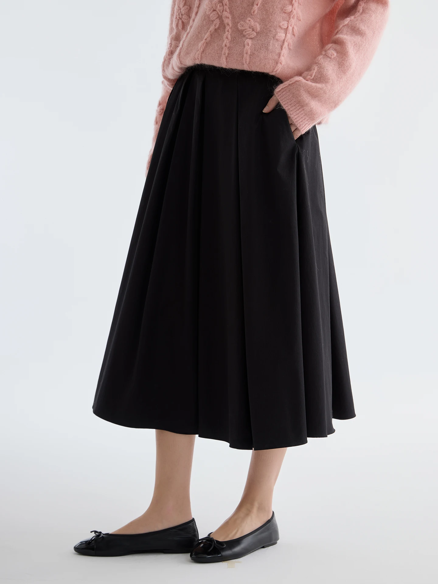

Ele Bla A-Line Pleated Skirt Women's Midi Umbrella Skirt High Waist Cotton Ci Commuting Faion French Sle