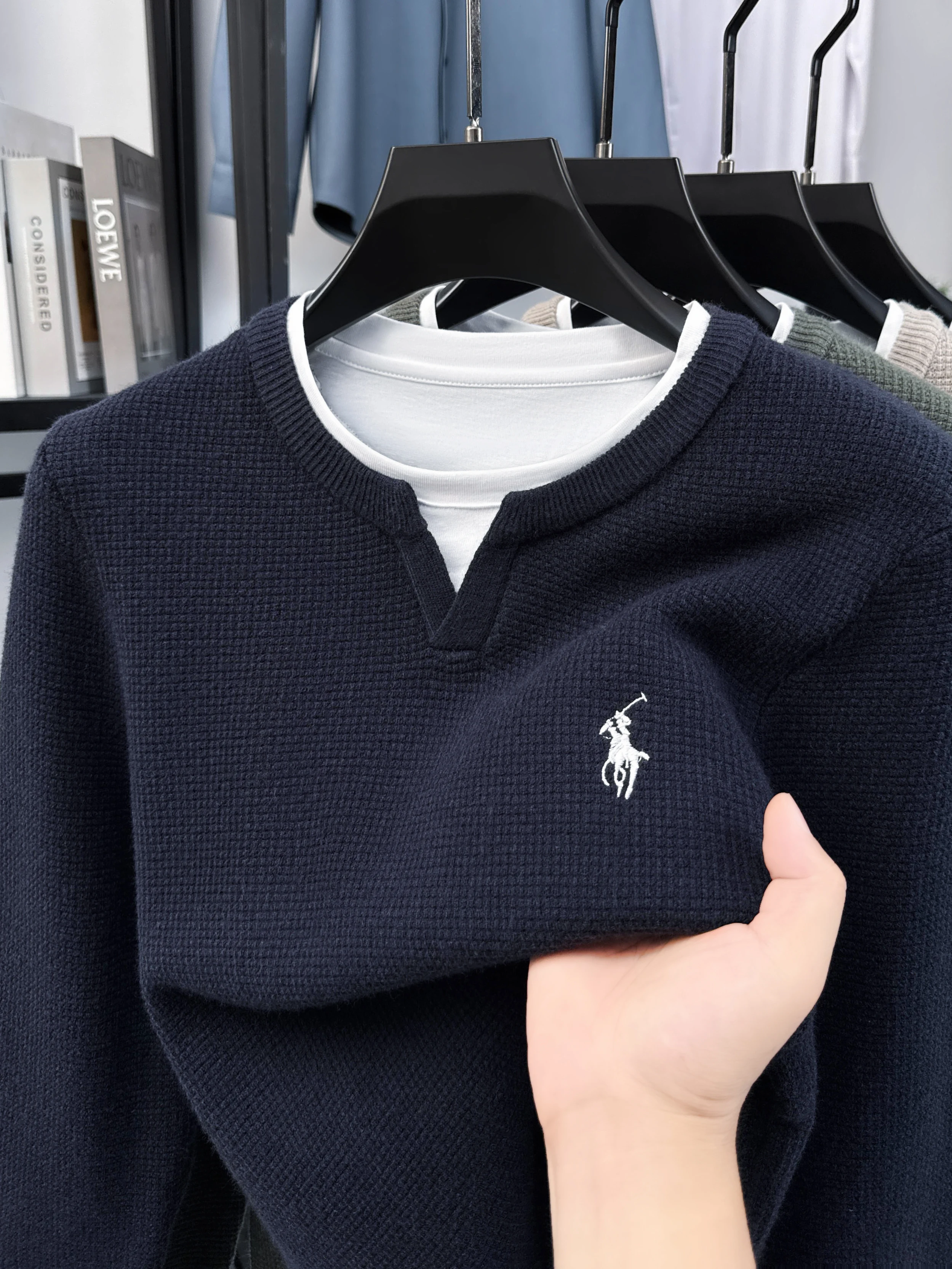 

Winter Double-layer Collar Design Long Sleeved Knitted Sweater Men's Waffle Top Cashmere Sweater