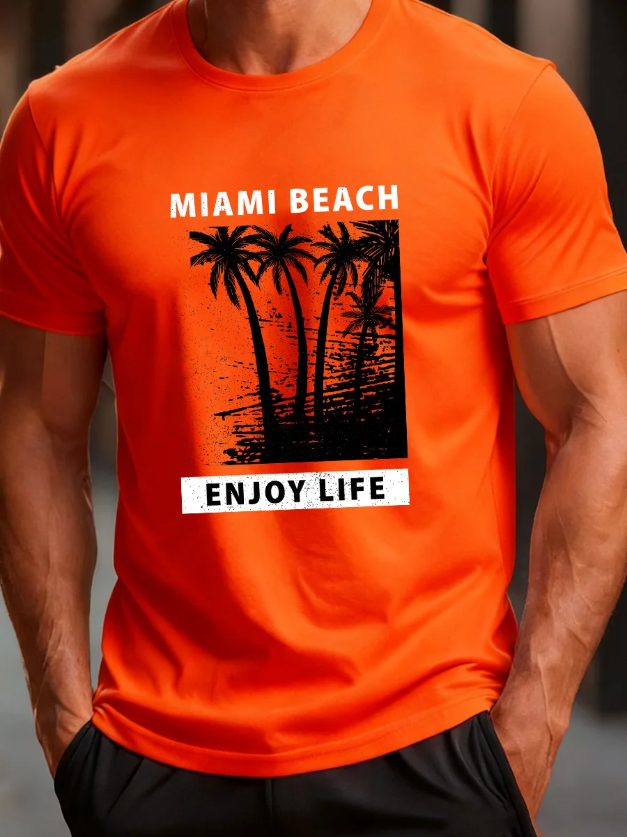 

Оранжевая футболка с коротким рукавом с принтом пальмового дерева в стиле Майами Beach и слоганом «Наслаждай жизнь»