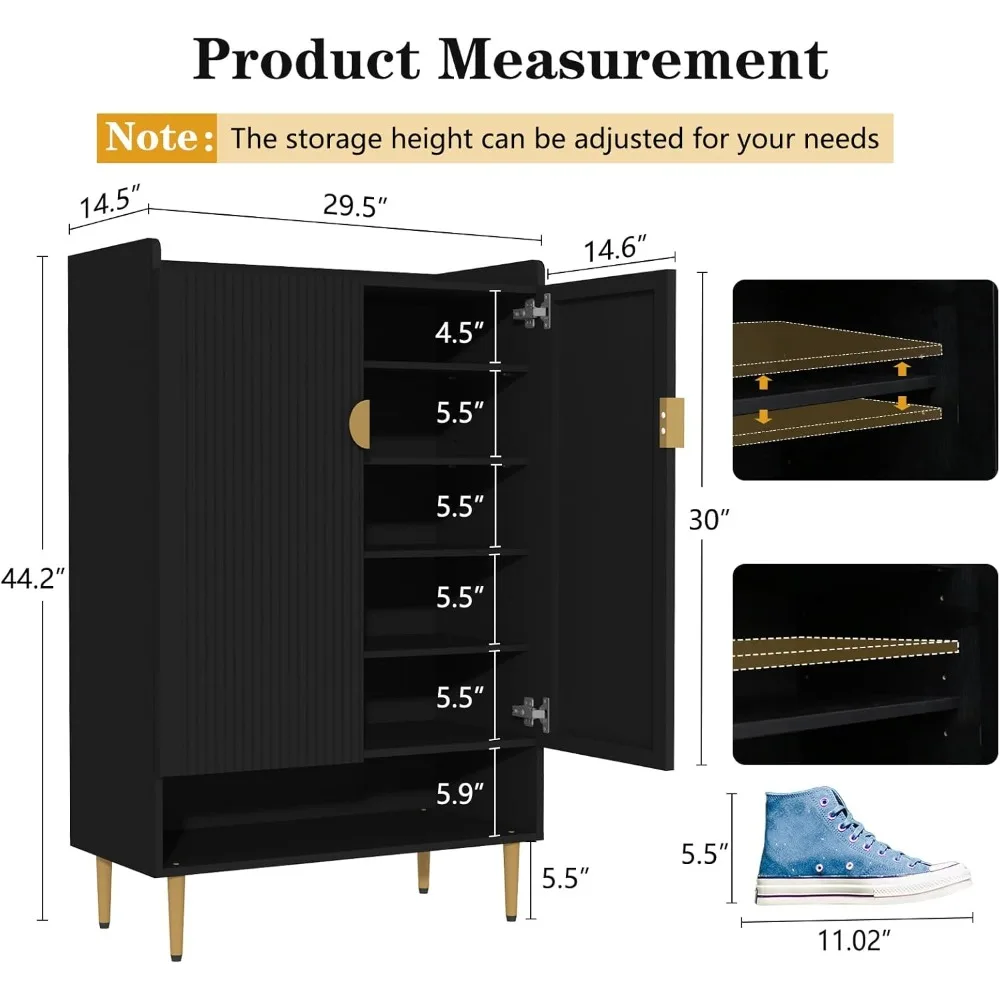 wood shoes rack with adjustable shelves, bla，shoe cabinet storage for entryway, 6-tiers shoes cabinet with fluted doors