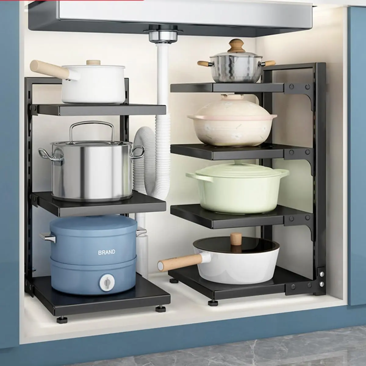 Organizador de ollas y sartenes para gabinete, estante ajustable debajo del fregadero o estante flotante, organizadores de almacenamiento de cocina resistentes, tapa para ollas