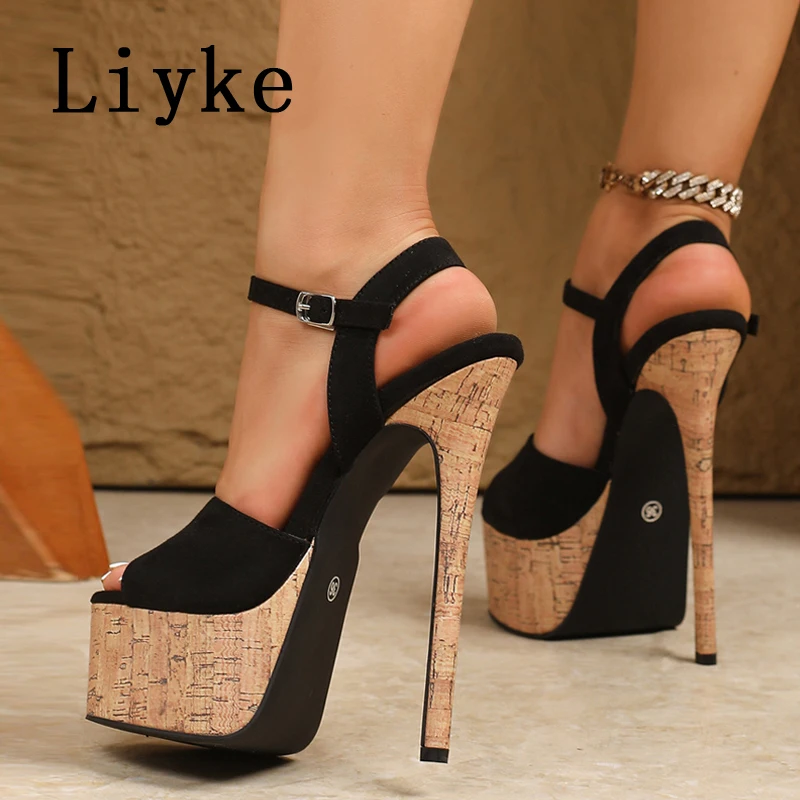 

Liyke Summer Wooden Extreme High Heels Platform Sandals For Women Sexy Open Toe Buckle Strap Ladies Banquet Party Shoes Size 42