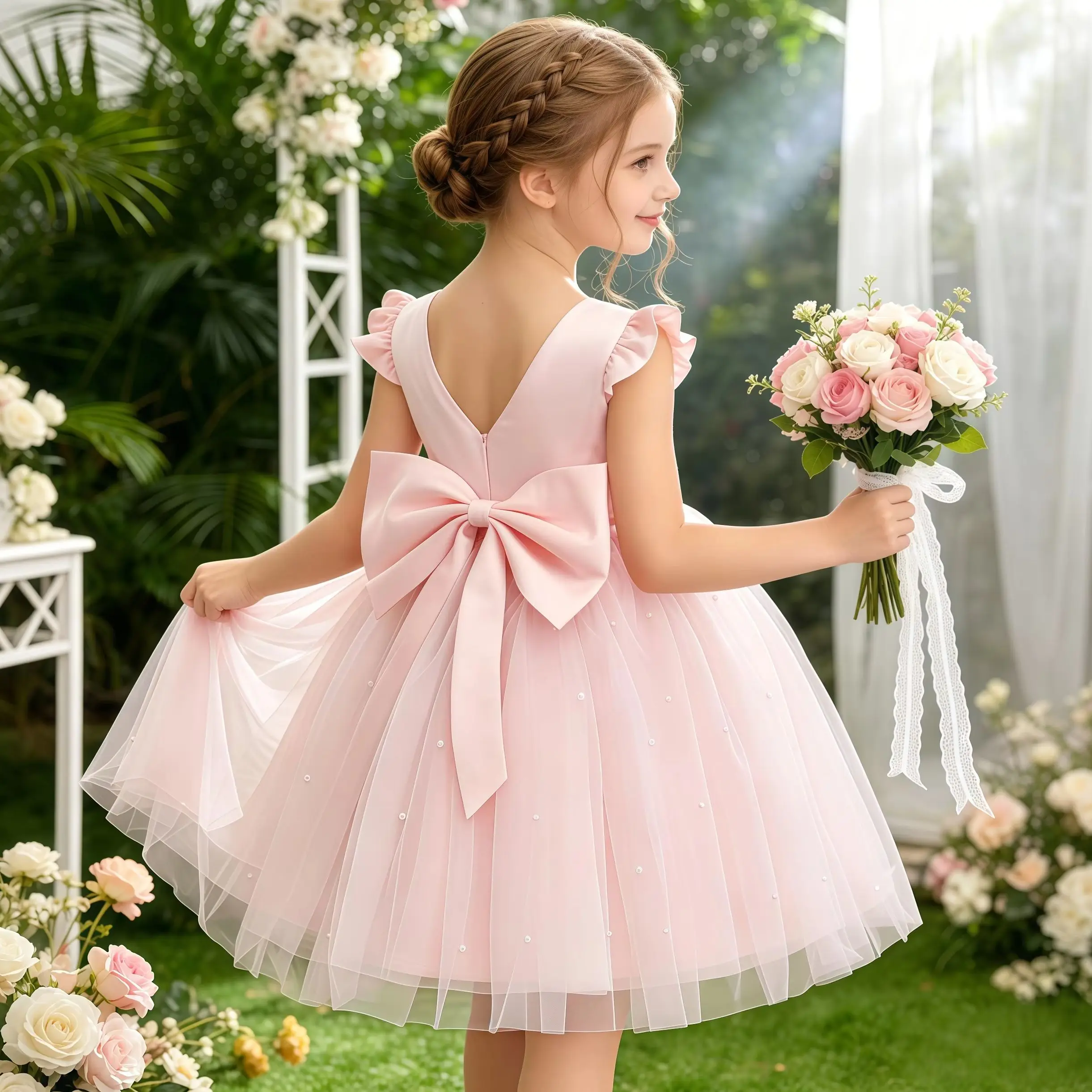 Kids Girls Flying Sleeve Beaded Bow V Back Tulle Dress For Children Evening Birthday Party Performance Wedding Guest Vestidos