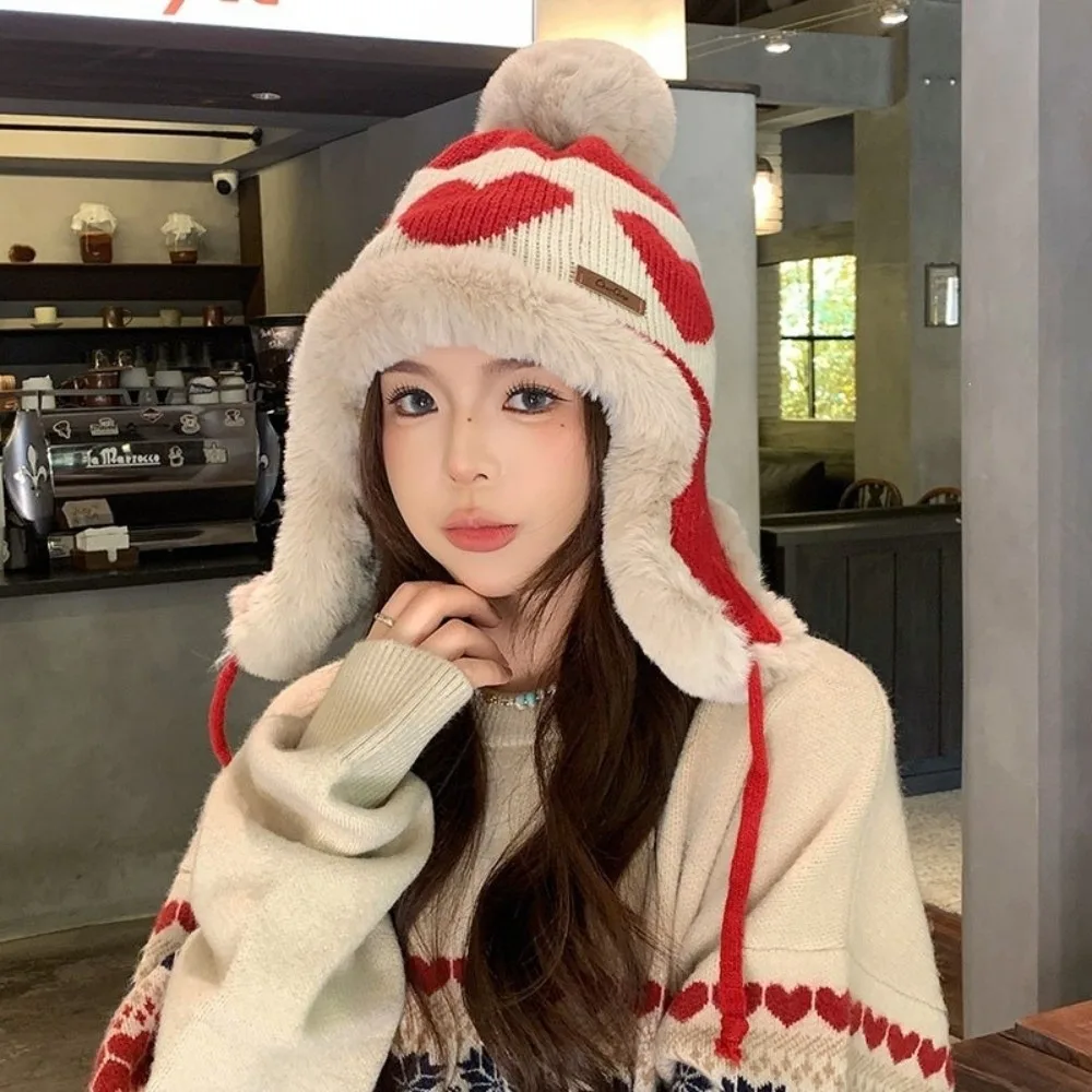 Polyester Heart Pattern Ear Flap Hat Pom Pom Ear Protection Trapper Hat Cold Proof 55cm To 60cm Head Circumference
