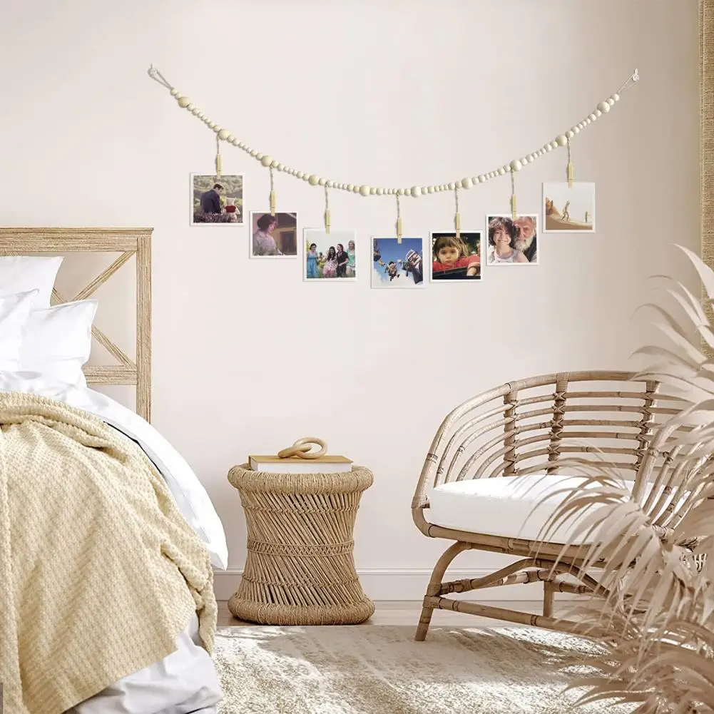 

Unique Wall Art with Clips Wooden Photo Holder Chic Eco-friendly Hanging Photo Displays with Wooden Beads Personalize Home Decor