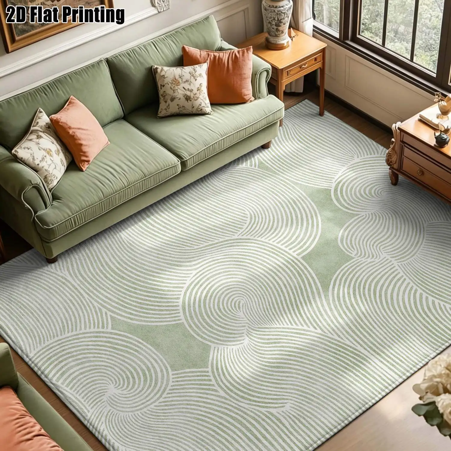 1Pc 2D Printed Light Green Geometric Line Nordic/Instagram Style Carpet, Modern Minimalist Vintage Floor Mat, Multi-Size Machine Washable Home Decor for Entrance, Dining, Foyer, Bedroom, Living Room