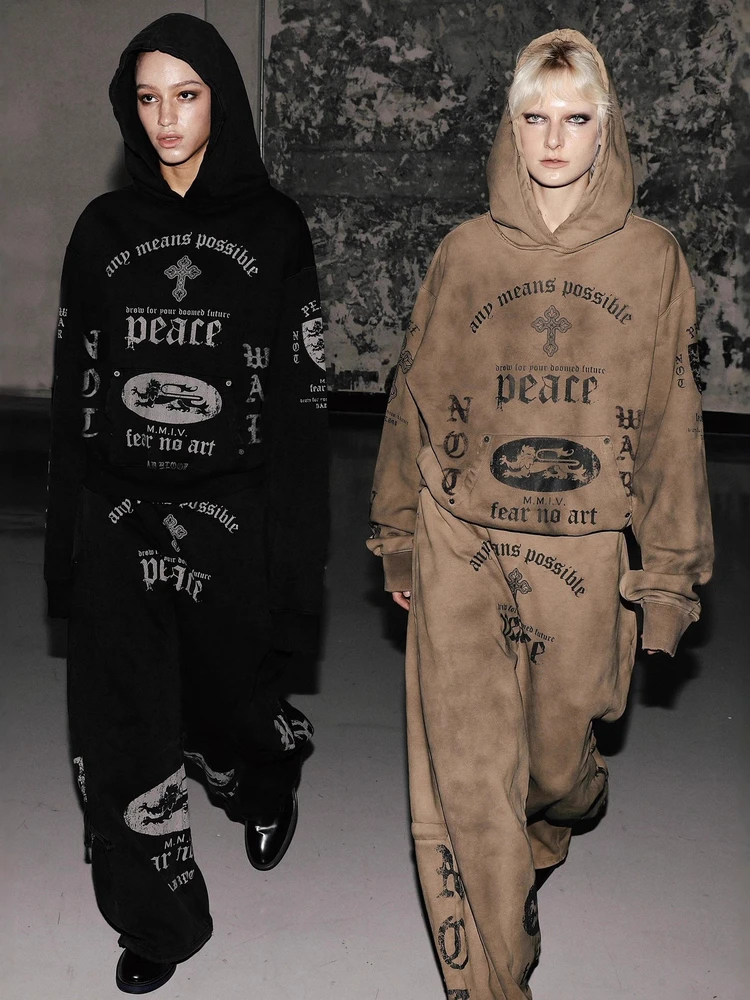 سترة بقلنسوة مطبوعة بأحرف أمريكية مصبوغة، سترة فضفاضة للشارع للنساء، كاجوال مريحة من القطن، معطف طويل Sve