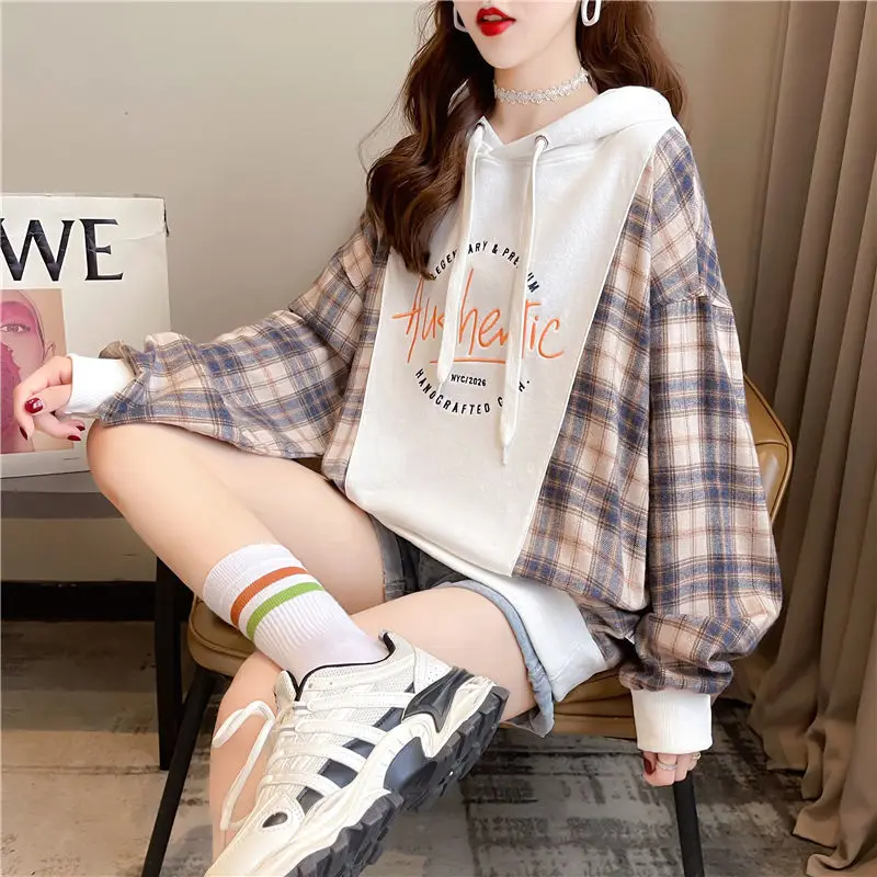 Long Hooded Sweatshirt for Women Loose Baggy Woman Tops Splicing Lattice Hoodies Spring and Autumn 2025 Trend Youthful Clothes M