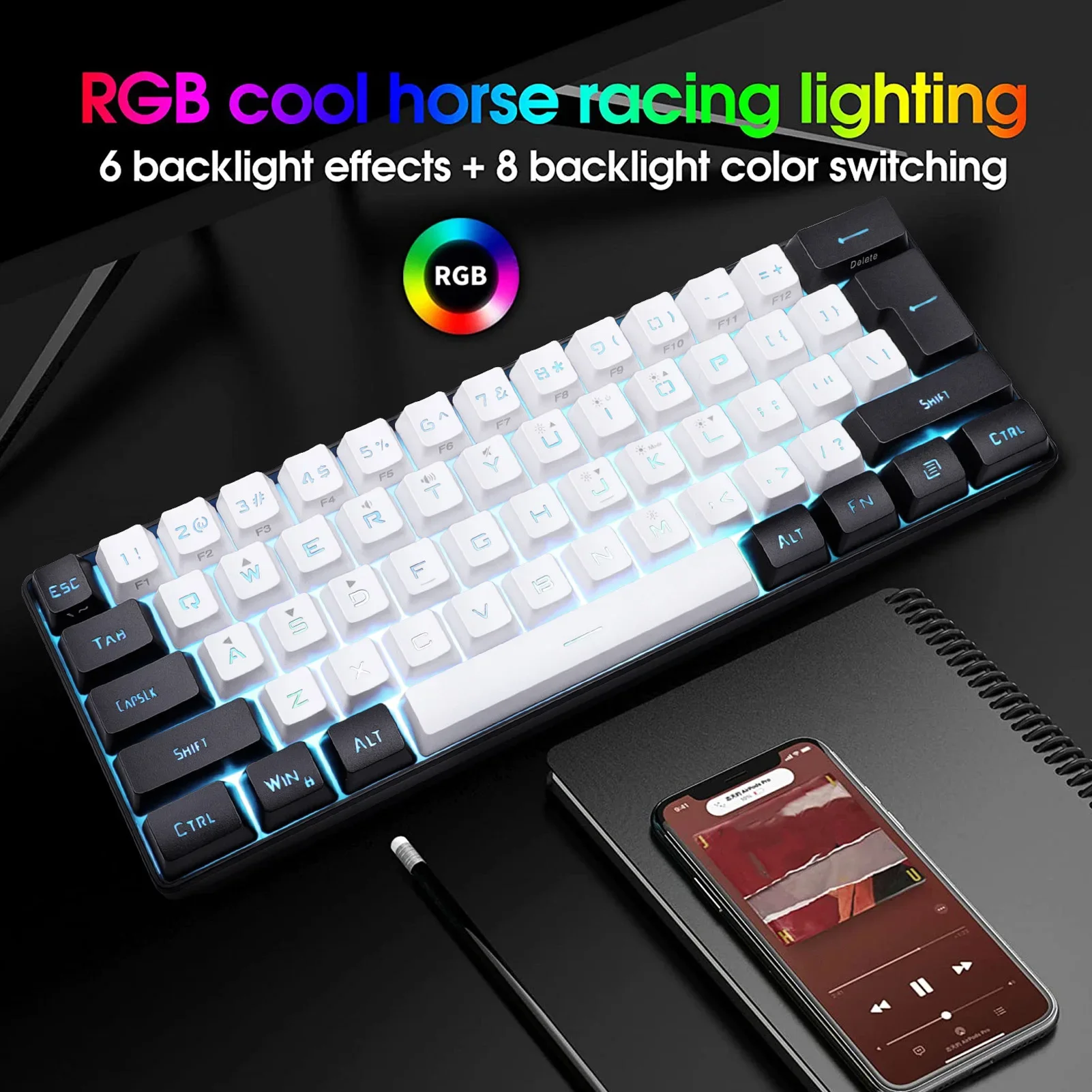 

Mini RGB Keyboard Wired Keyboard LED Backlighting Type C Interface 61 Keys Compact Mechanical Feeling for Business for