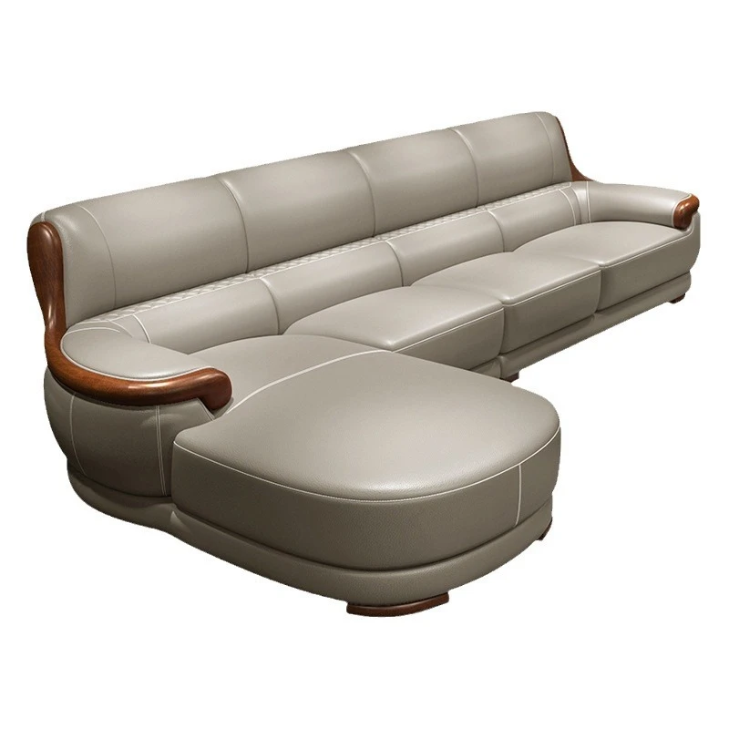 

modern simple top-layer cowhide Nordic solid woo d combination living ro om size leath er art fur niture