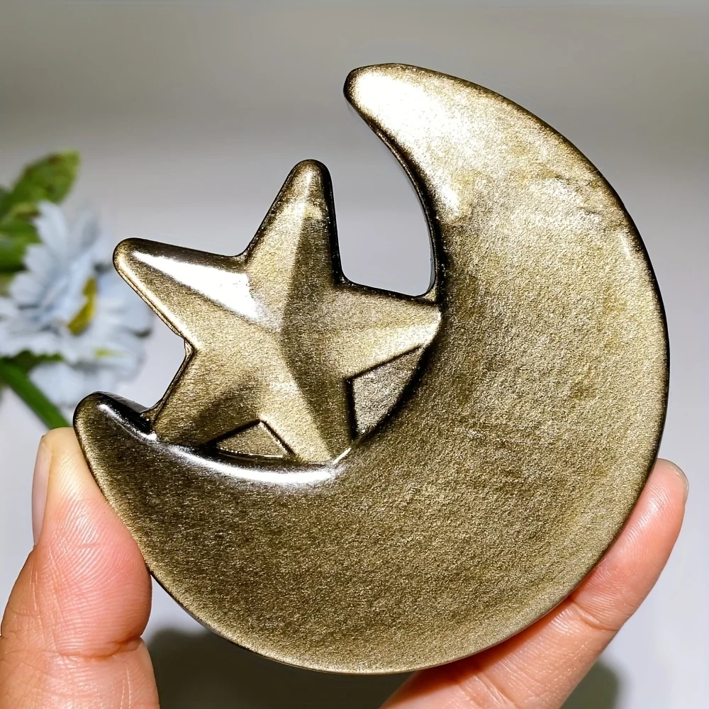 1pc CRYSTALHOLA Natural Obsidian Black Moon & Star Geode - Bohemian Carved Stone Decor for Home