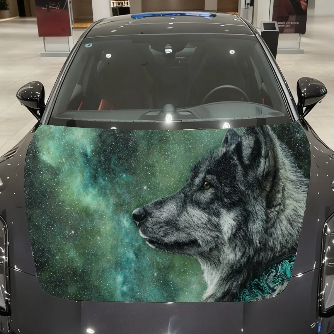 

Car Decals A Wolf In Teal Starry Scene Close - Up With Realistic Fur And Cosmic Visual Allure Car Hood Sticker, Waterproof Self