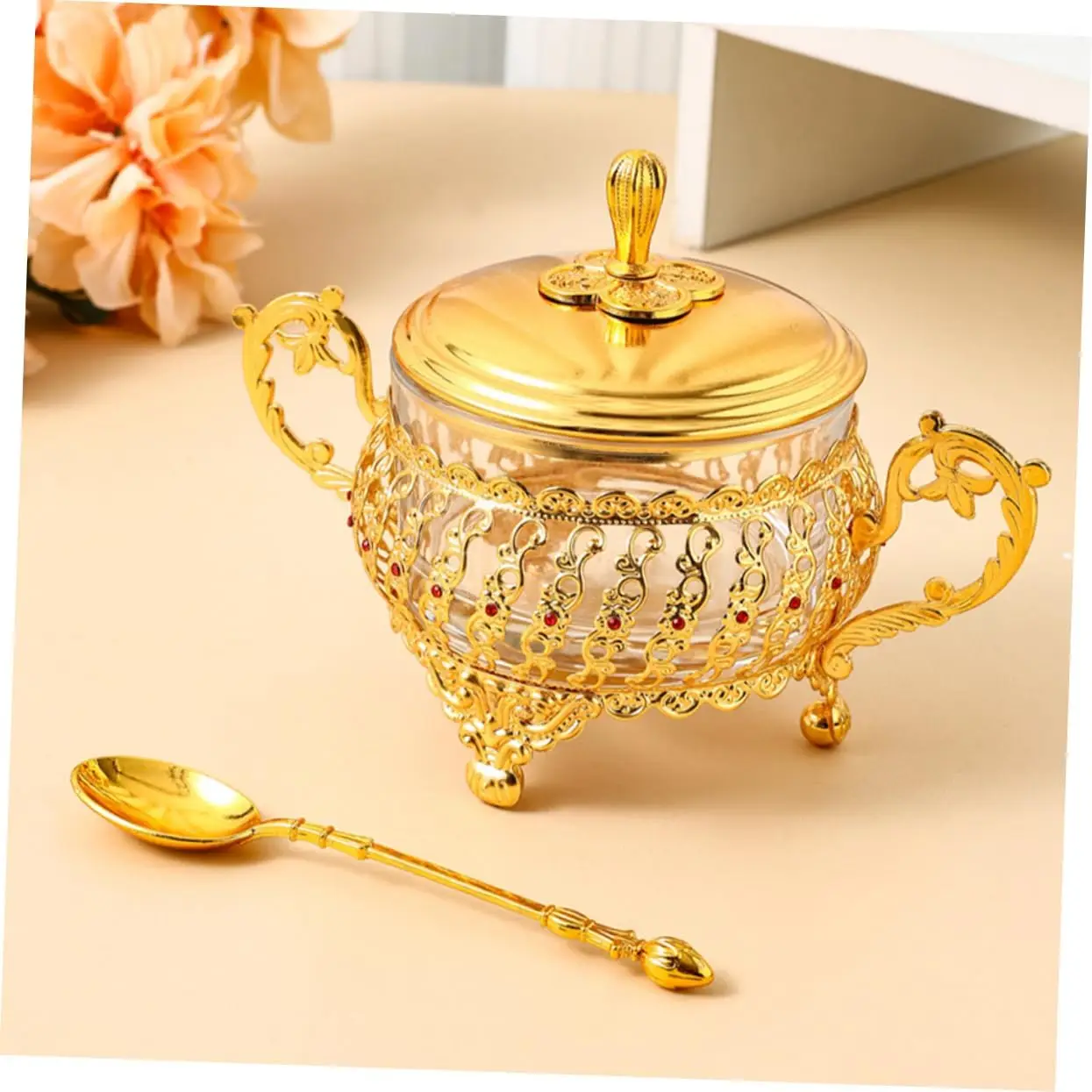 

Сахарница с крышкой и ложкой, золотая стеклянная банка для приправ, баночка для специй, набор конфет для кухни, кофе-бара, свадебной вечеринки