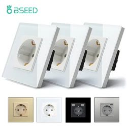 Bseed Europe Russia 16A Wall Power Socket White Black Grey Gold Crystal Glass Panel Plug Electrical Outlet For Home Improvemet