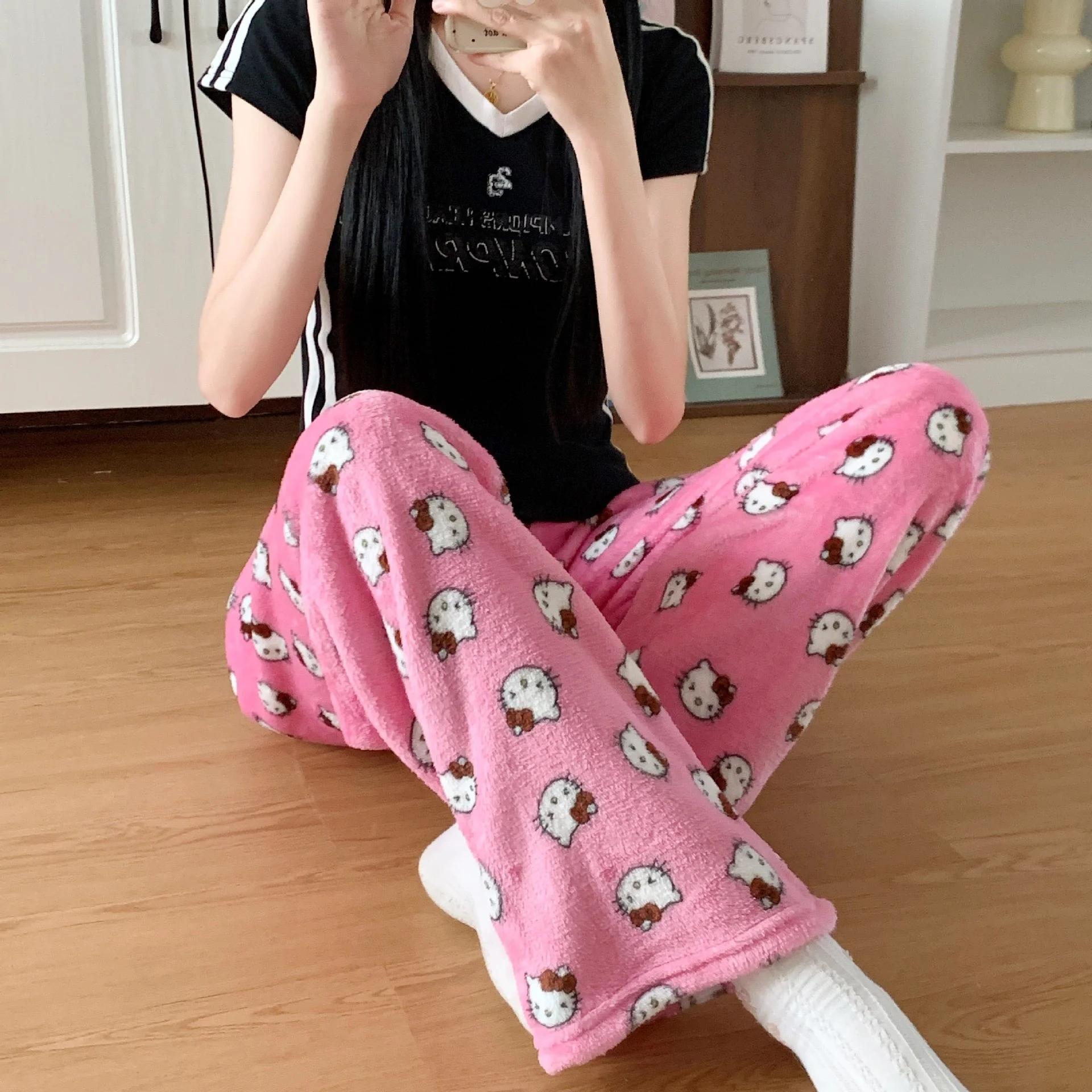 Y2K Hello Kitty Flannel Pajama Pants Cartoon Anime Print Comfy Loungewear Matching Couples Sleepwear Cute Gift view 3