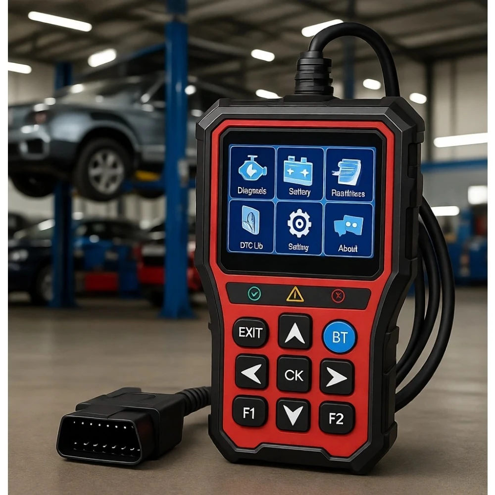 

Универсальный диагностический сканер OBD2 для автомобилей с функцией проверки аккумулятора, сброса настроек, отображения данных в реальном времени и поиска кодов неисправностей (DTC) для автомобилей 1996 года выпуска и новее.