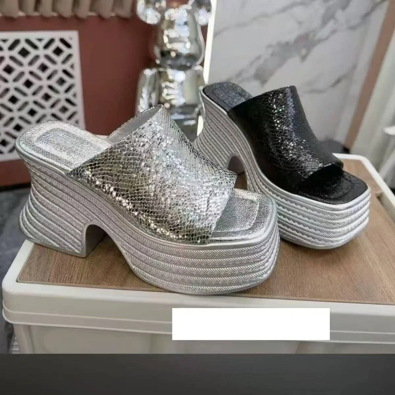 

Women's Square Toe Open Toe Sequin Block Heel Slippers Fashion Platform Non-Slip Heels