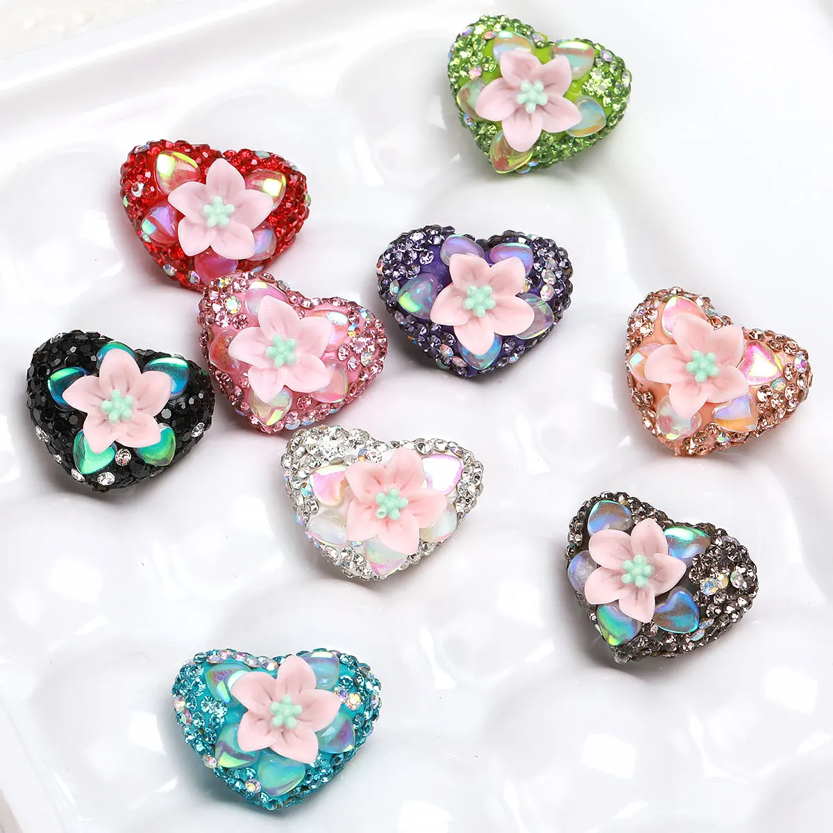 

2.4x1.8cm 6pcs Random Color Mix Embed Rhinestone Heart Shape Crystal Flower Acrylic Beads For Jewelry Making Charm DIY For
