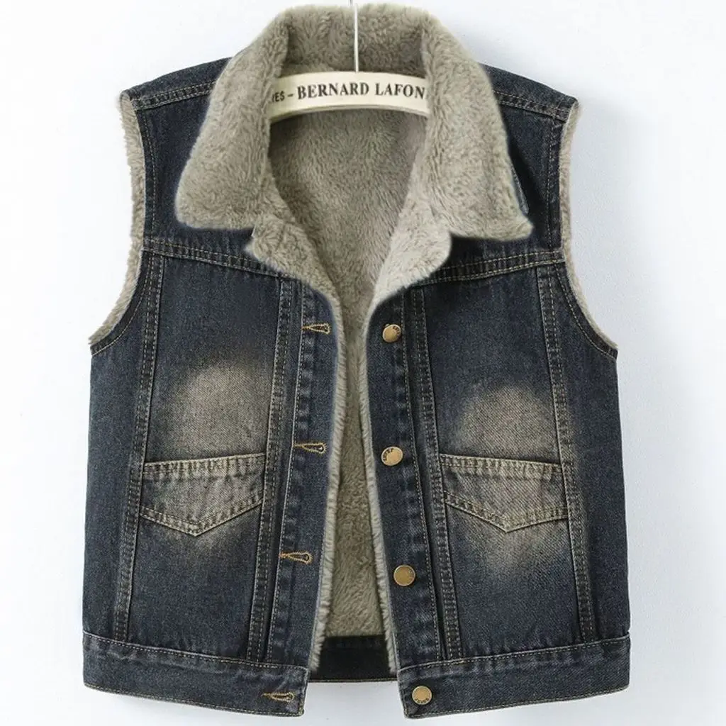 Spring/Fall Vintage Fleece-Lined Slimming Youthful Denim Vest For Women - Versatile Casual Waistcoat Top