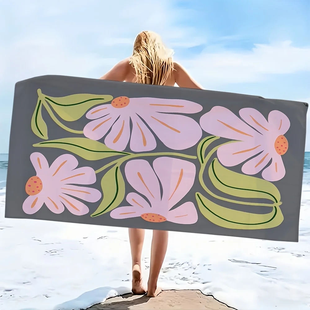 

Пляжное полотенце с абстрактным изображением розовых цветов и зеленых листьев. Мягкий на ощупь