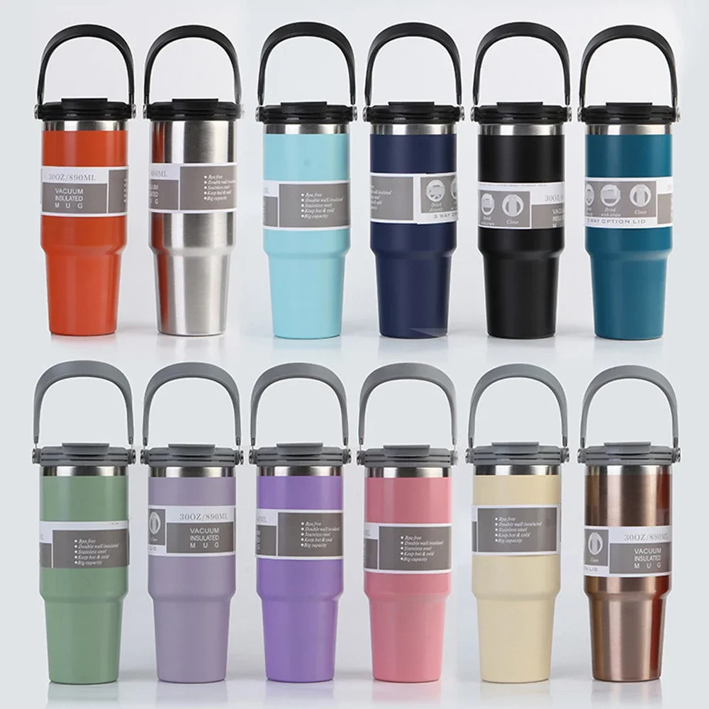 890ml Portable Car Cup Stainless Steel Thermos Cup with Straw Travel Sports Water Bottle With Handle Cover Coffee Vacuum Flask