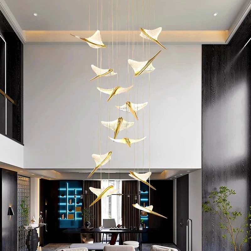 

Postmodern Geometric grid Bird Acrylic aluminum LED chandelier lustre Ceiling Building lobby lighting decoration Dimmable