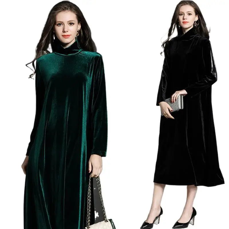 

2024 Autumn New Woman Vintage Loose Velvet Dress Turtleneck Full Sleeve Mid-Calf Long Dresses Lady Fashion Party Black Dress