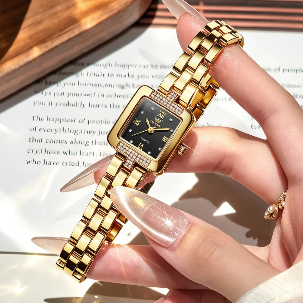 OLEVS Female Fashion Wristwatch Gold Square Crystal Diamond Decoration Black Dial Quartz Waterproof Ladies Dress Watch Gift