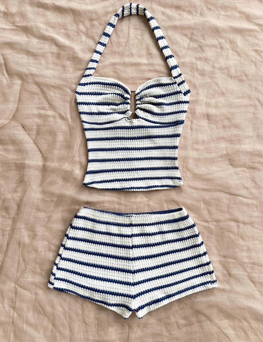 Summer Textured Knit Halter Top Shorts Two Piece Outfit, Classic Nautical Stripes Paired With Breathable Knit Fabric, Ideal For